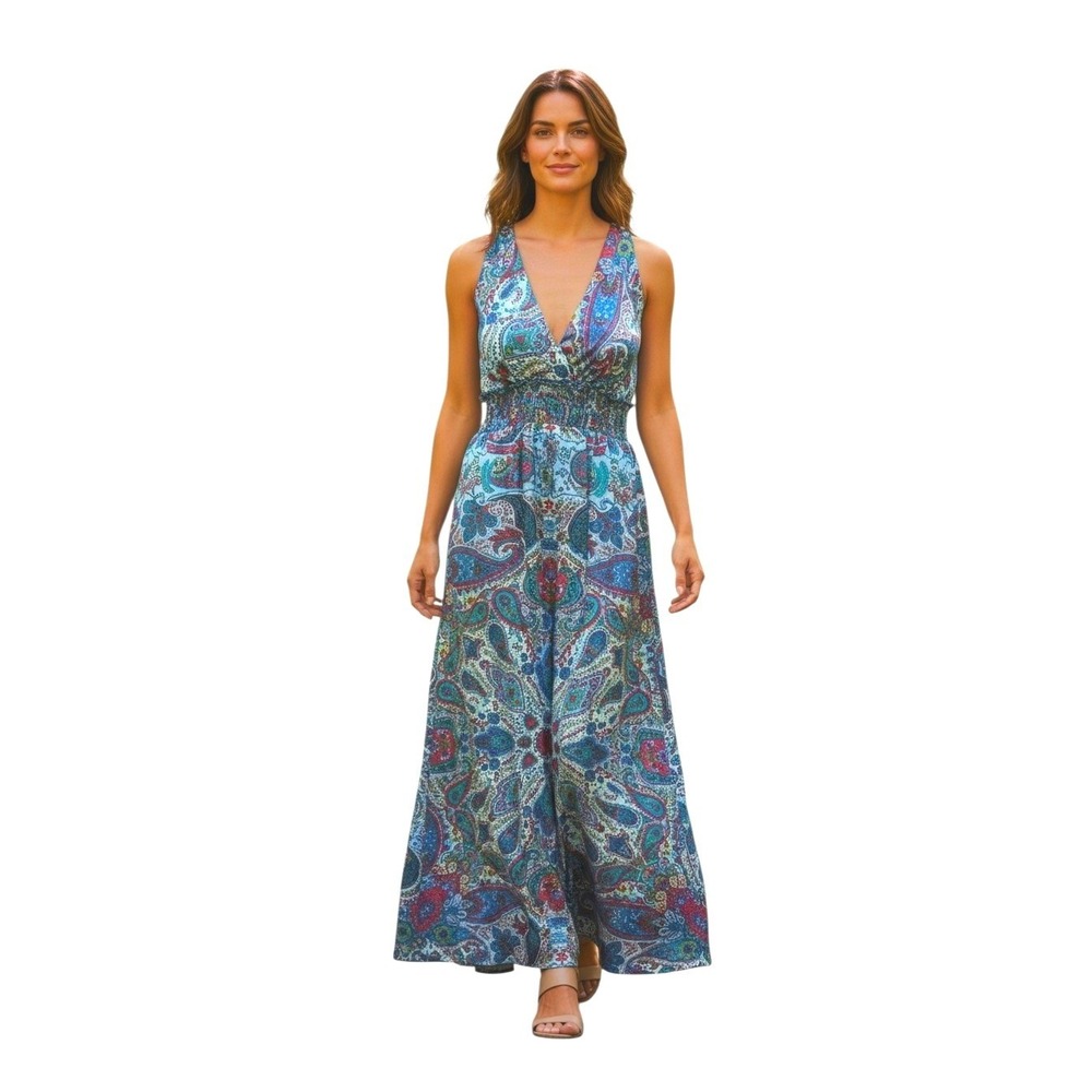 Sundance Silk Lining Paisley Floral Womens size Large Maxi VNeck Statement Dress